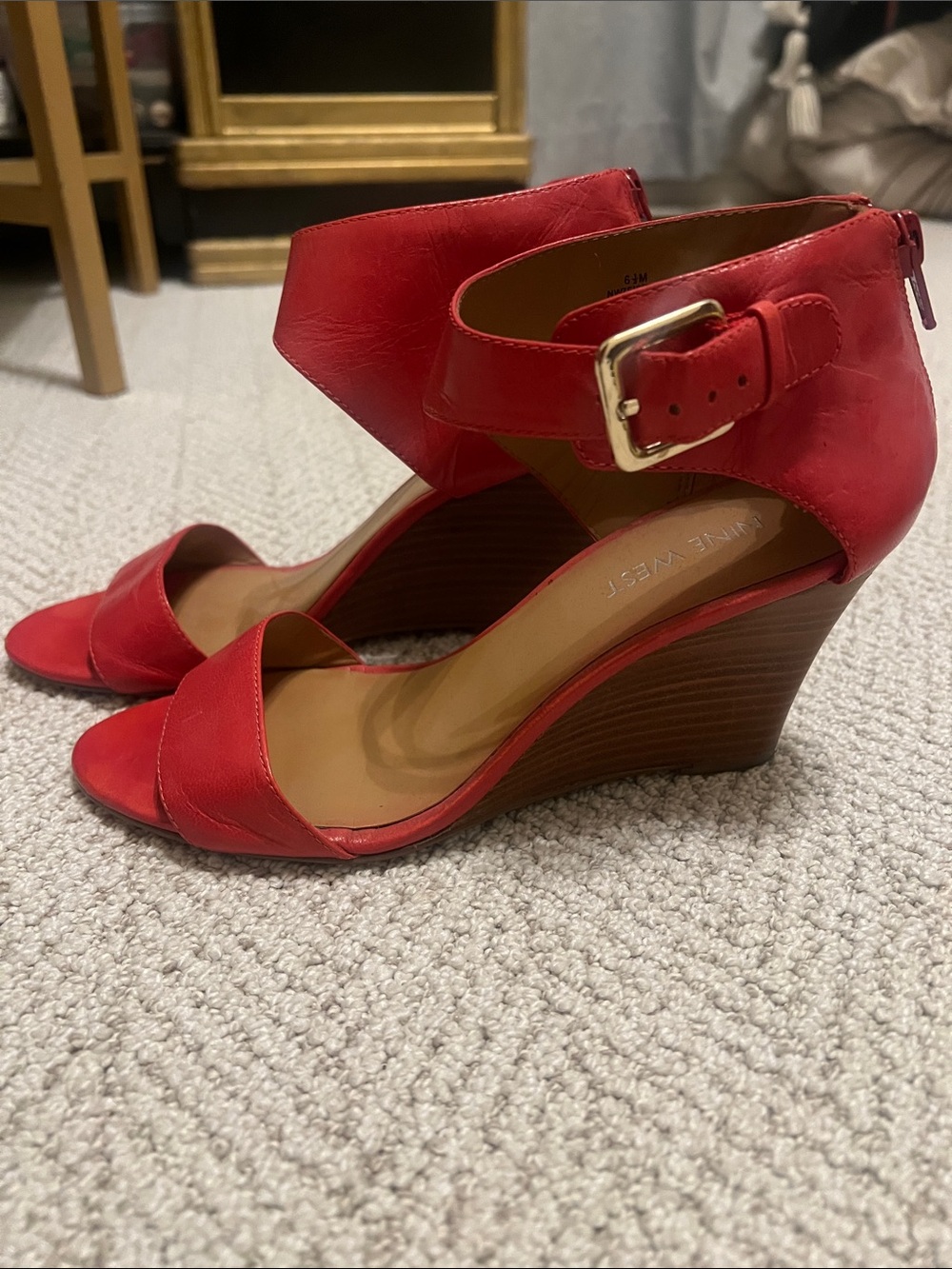 Nine West Red Leather Wedge Sandals with Buckle Ankle Strap